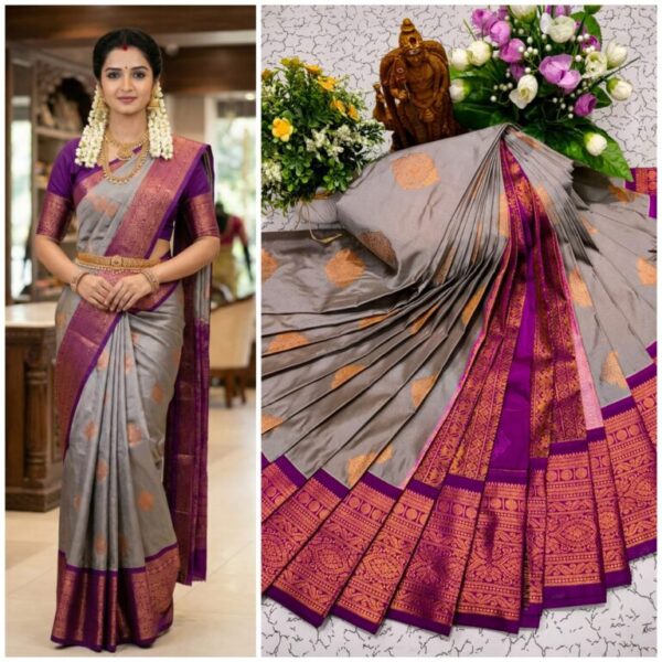 AumerA Mangalyam Korvai Soft Silk Saree â€“ Silver Grey & Royal Purple