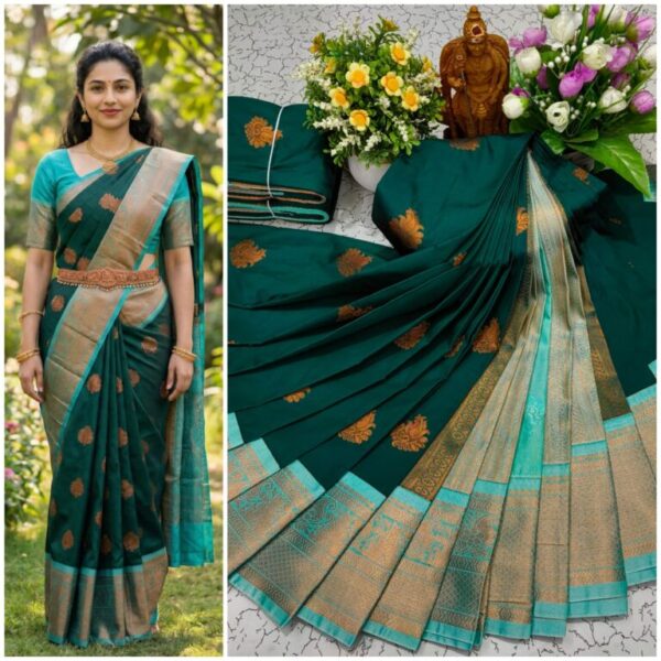 AumerA Mangalyam Korvai Soft Silk Saree â€“ Grey & Parrot Green