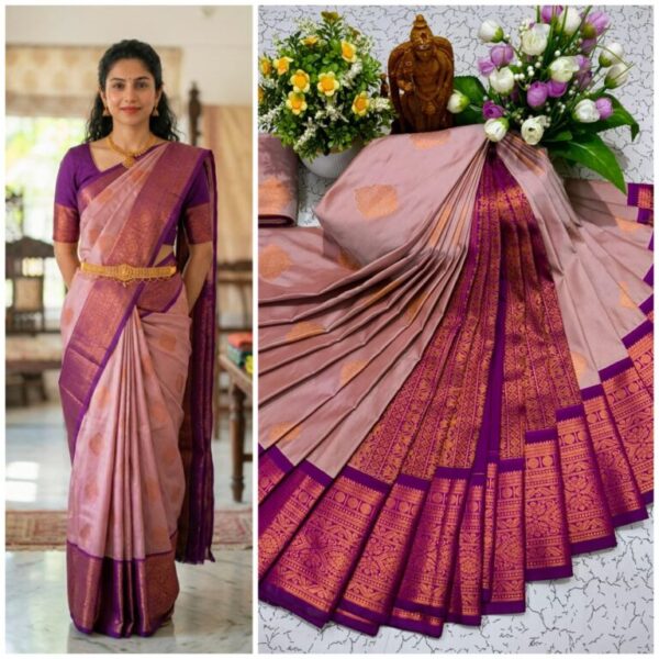 AumerA Mangalyam Korvai Soft Silk Saree â€“ Grey & Rust Orange