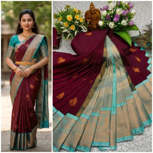 AumerA Mangalyam Korvai Soft Silk Saree â€“ Grey & Coral