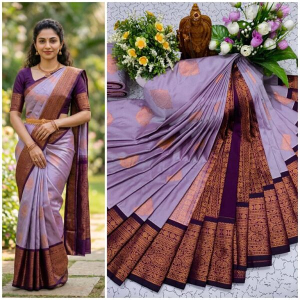 AumerA Mangalyam Korvai Soft Silk Saree â€“ Grey & Cherry Red