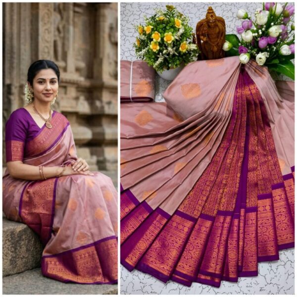 AumerA Mangalyam Korvai Soft Silk Saree â€“ Grey & Crimson Red