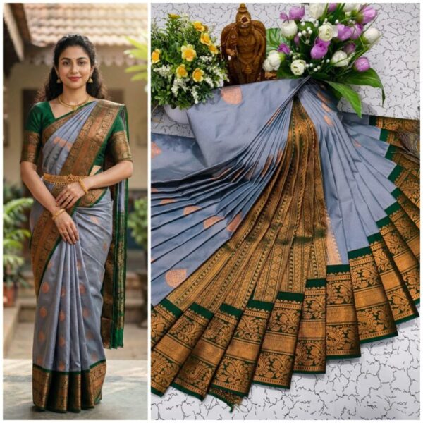 AumerA Mangalyam Korvai Soft Silk Saree â€“ Grey & Deep Red
