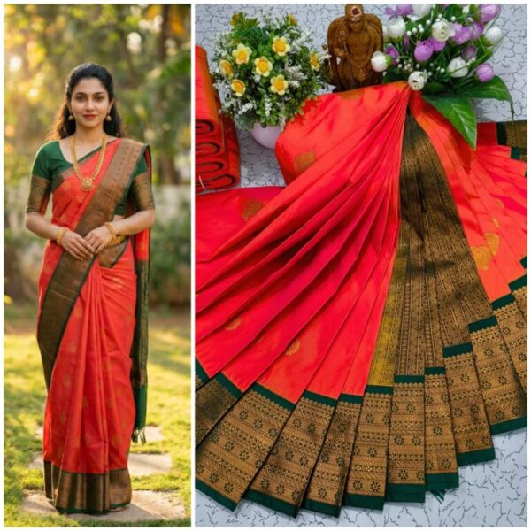 AumerA Mangalyam Korvai Soft Silk Saree â€“ Grey & Bridal Red