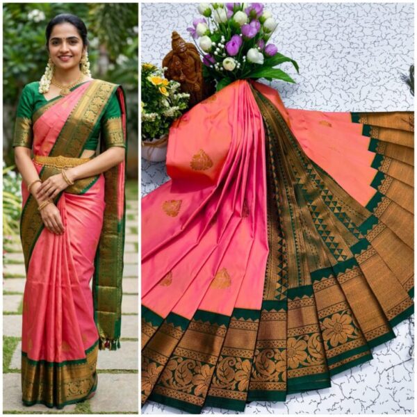 AumerA Mangalyam Korvai Soft Silk Saree â€“ Grey & Rose Pink