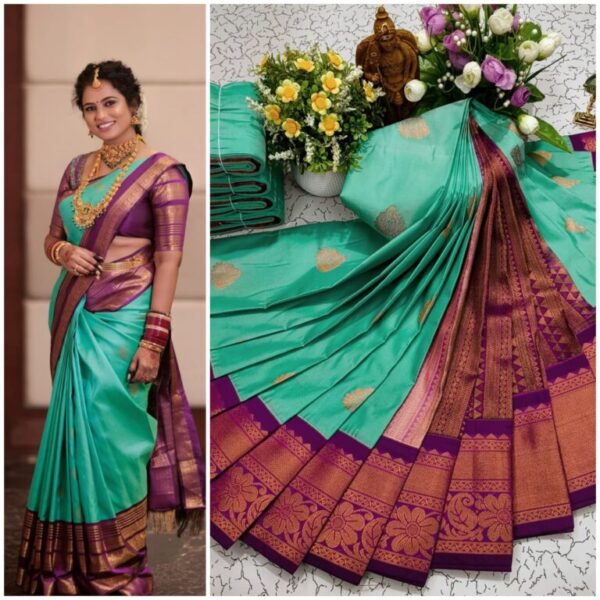 AumerA Mangalyam Korvai Soft Silk Saree â€“ Grey & Orchid Purple