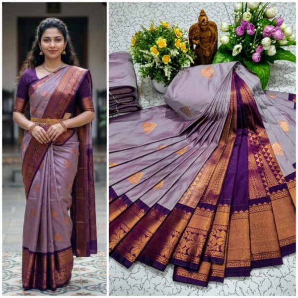 AumerA Mangalyam Korvai Soft Silk Saree â€“ Stone Grey & Violet