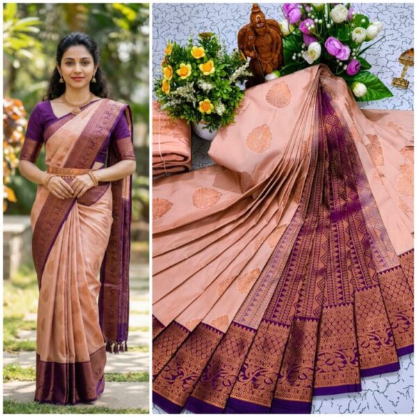 AumerA Mangalyam Korvai Soft Silk Saree â€“ Grey & Midnight Blue