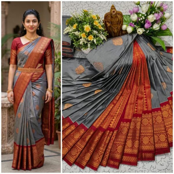 AumerA Mangalyam Korvai Soft Silk Saree â€“ Grey & Antique Copper
